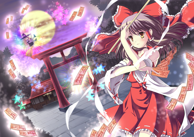 broom_riding, hakurei_reimu, moon, ofuda, tenka_taihei, torii, torii_(gate), touhou