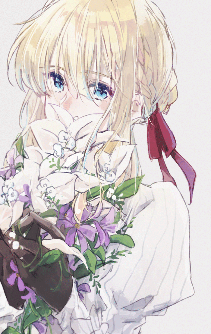 blonde_hair, blue_eyes, braid, flower, gloves, hair_between_eyes, hair_ribbon, holding, miharuko_(kopera), red_ribbon, ribbon, violet_(flower), violet_evergarden, violet_evergarden_(character)