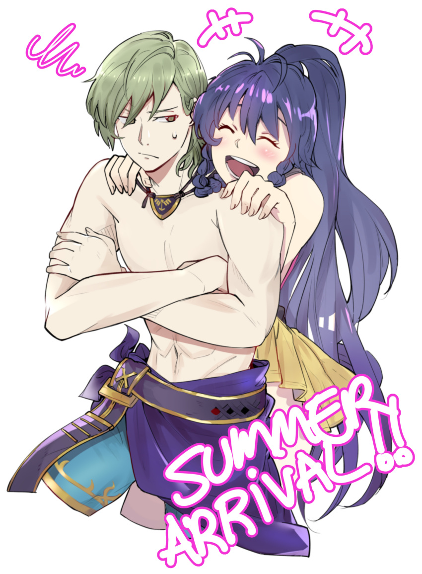 /\/\/\, 1boy, 1girl, abs, absurdres, blue_hair, blush, braid