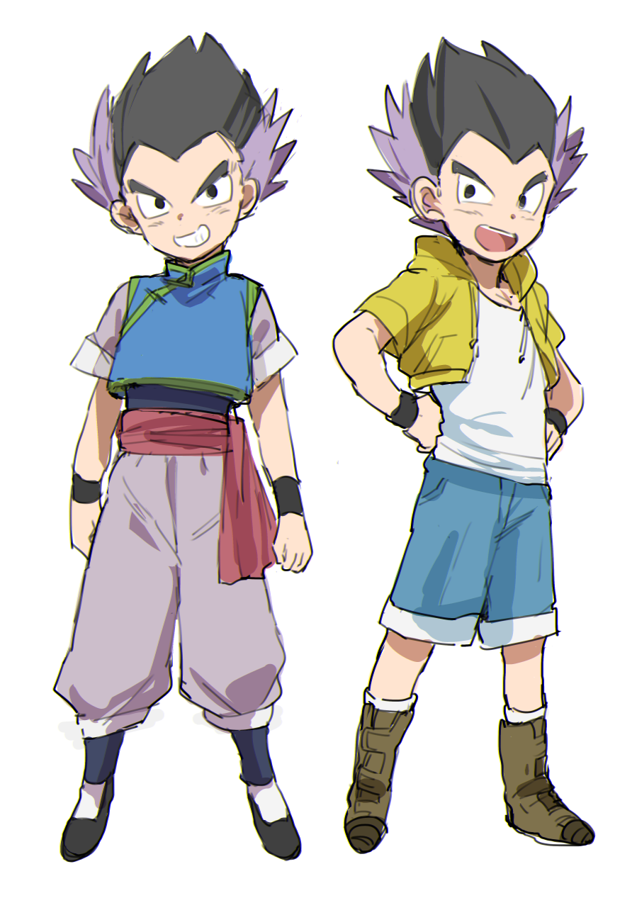 1boy, :d, alternate_costume, arms_at_sides, bidarian, black_eyes, black_hair, boots, chinese_clothes, cosplay, dragon_ball, dragon_ball_super, dragonball_z, frown, full_body, gotenks, hand_on_hip, highres, jacket, male_focus, multicolored_hair, open_mouth, purple_hair, shirt, short_hair, shorts, simple_background, smile, socks, son_goten, son_goten_(cosplay), spiky_hair, teeth, trunks_(dragon_ball), trunks_(dragon_ball)_(cosplay), two-tone_hair, white_background, white_legwear, white_shirt, wristband, yellow_jacket