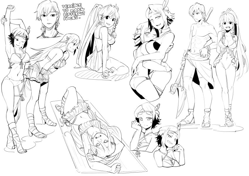 1boy, 3girls, abs, absurdres, arms_up, axe, beach_towel, bikini