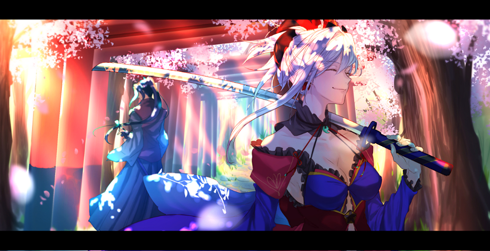 1girl, assassin_(fate/stay_night), asymmetrical_hair, blue_kimono, breasts, cherry_blossoms, cleavage, closed_eyes