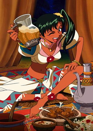 1girl, 90s, anklet, barefoot, blush, bowl, bracelet, cup