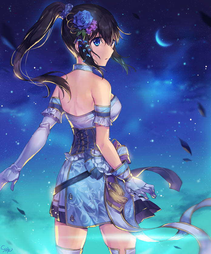 1girl, asymmetrical_gloves, black_hair, blue_eyes, commentary_request, crescent_moon, dress, elbow_gloves, flower, gloves, hair_flower, hair_ornament, hair_scrunchie, idolmaster, idolmaster_cinderella_girls, idolmaster_cinderella_girls_starlight_stage, long_hair, looking_back, moon, night, night_sky, ponytail, ribbon, sagisawa_fumika, scrunchie, short_dress, signature, single_elbow_glove, sky, solo, soriya, thigh-highs