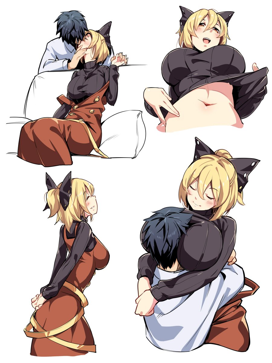 1boy, 1girl, :d, arms_behind_back, asutora, black_hair, black_ribbon, black_sweater