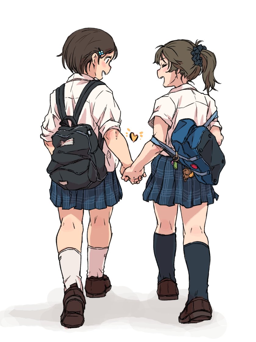 2girls, bag, bag_charm, blue_legwear, blush, bookbag, brown_hair, charm_(object)