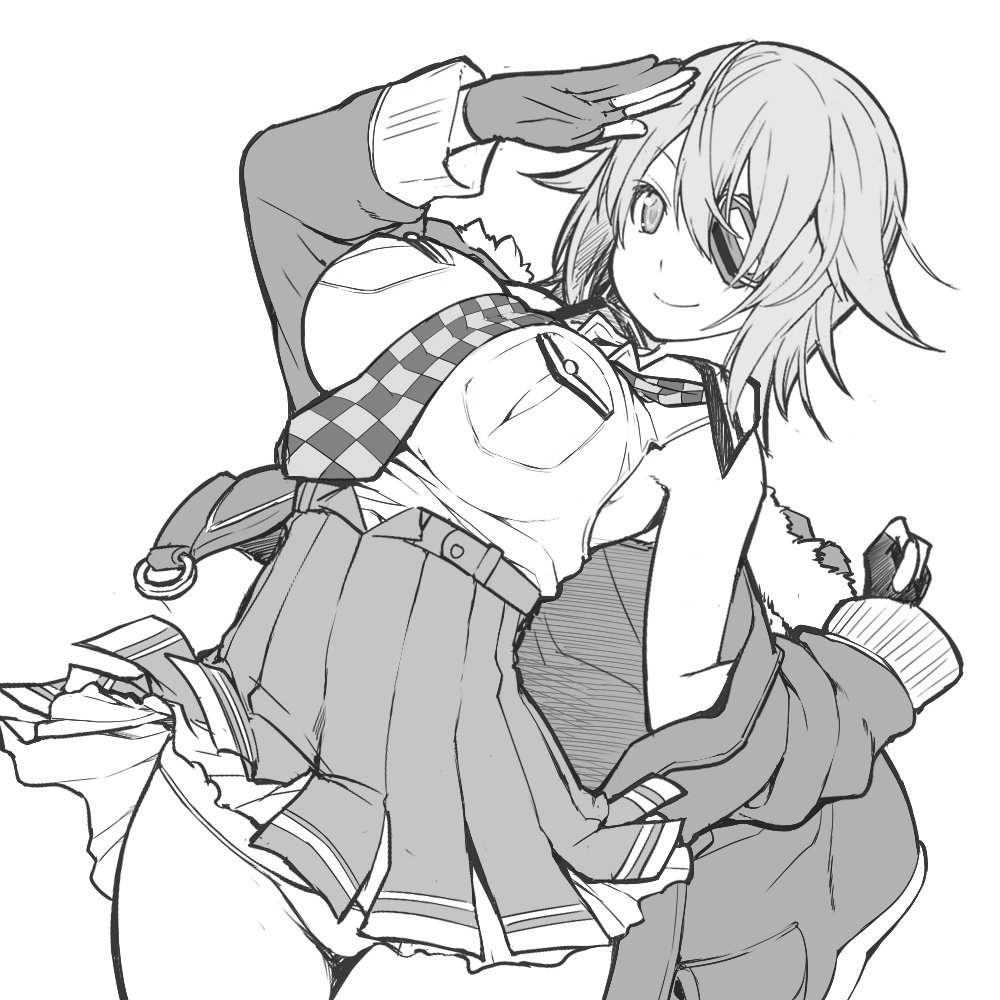1girl, bare_shoulders, breasts, checkered, checkered_neckwear, dutch_angle, eyepatch, fingerless_gloves, gloves, greyscale, hair_between_eyes, jacket_on_shoulders, kantai_collection, kintarou_(kintarou's_room), large_breasts, monochrome, necktie, panties, remodel_(kantai_collection), salute, short_hair, skirt, smile, solo, tenryuu_(kantai_collection), thigh_gap, thighs, underwear, white_background