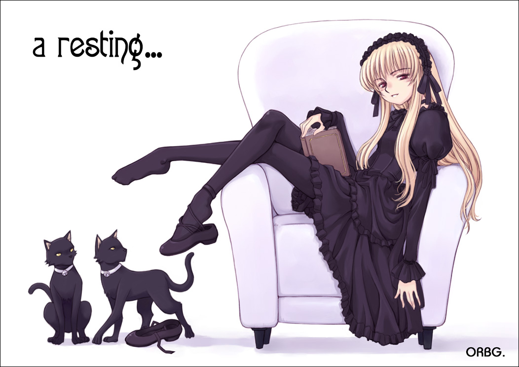 blonde_hair, book, cat, crossed_legs, engrish, feet, frills, gothic