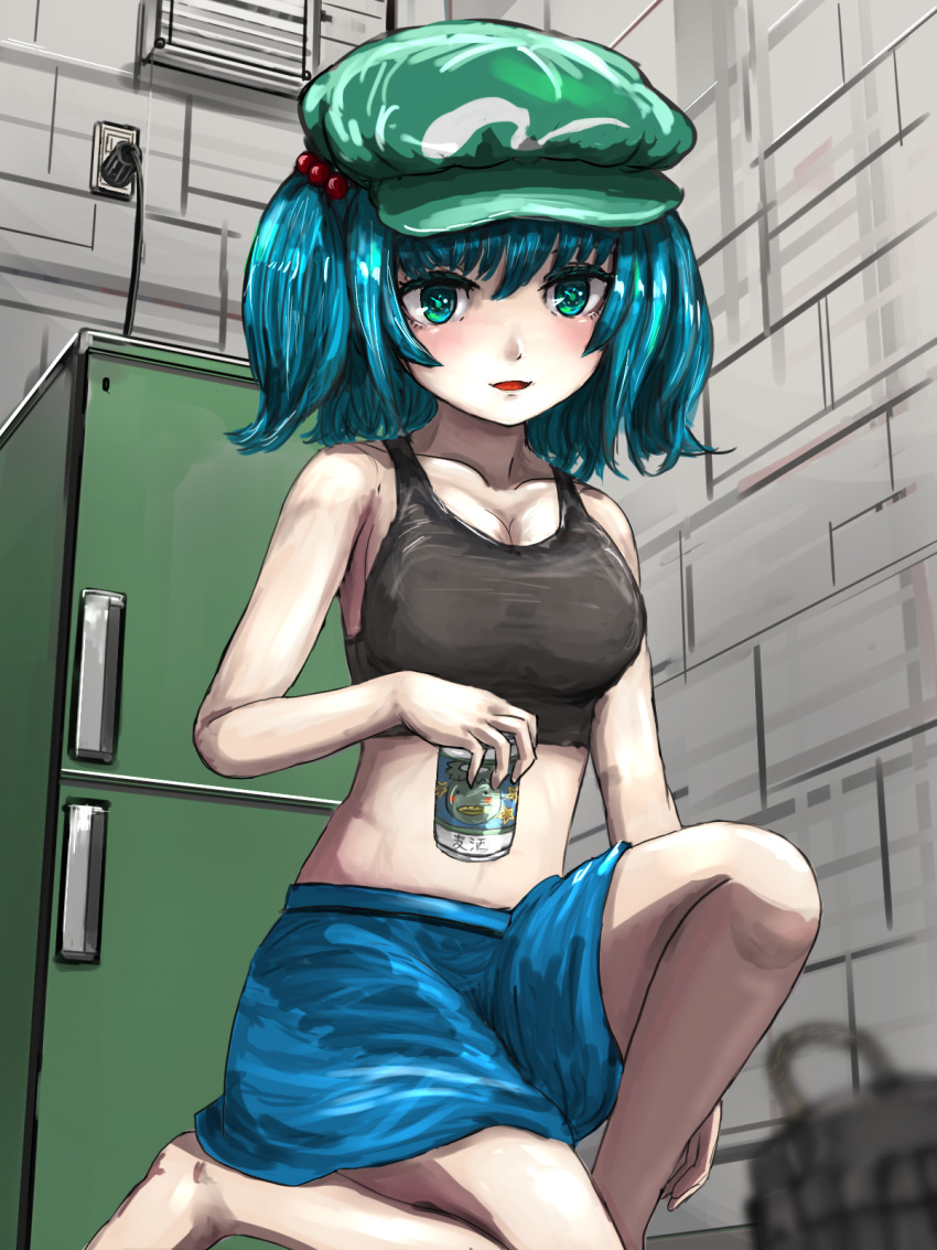 1girl, alternate_costume, armpit_crease, bare_arms, bare_shoulders, basket, black_bra, blue_eyes