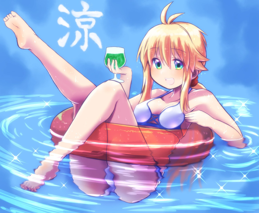 1girl, ahoge, ass, barefoot, bikini, blonde_hair, breasts, commentary_request