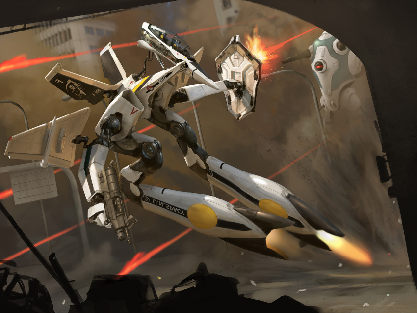 2boys, alien, battle, building, canopy, choujikuu_yousai_macross, cockpit, commentary