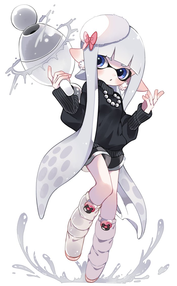 1girl, bangs, beret, black_sweater, blue_eyes, blunt_bangs, boots, bow