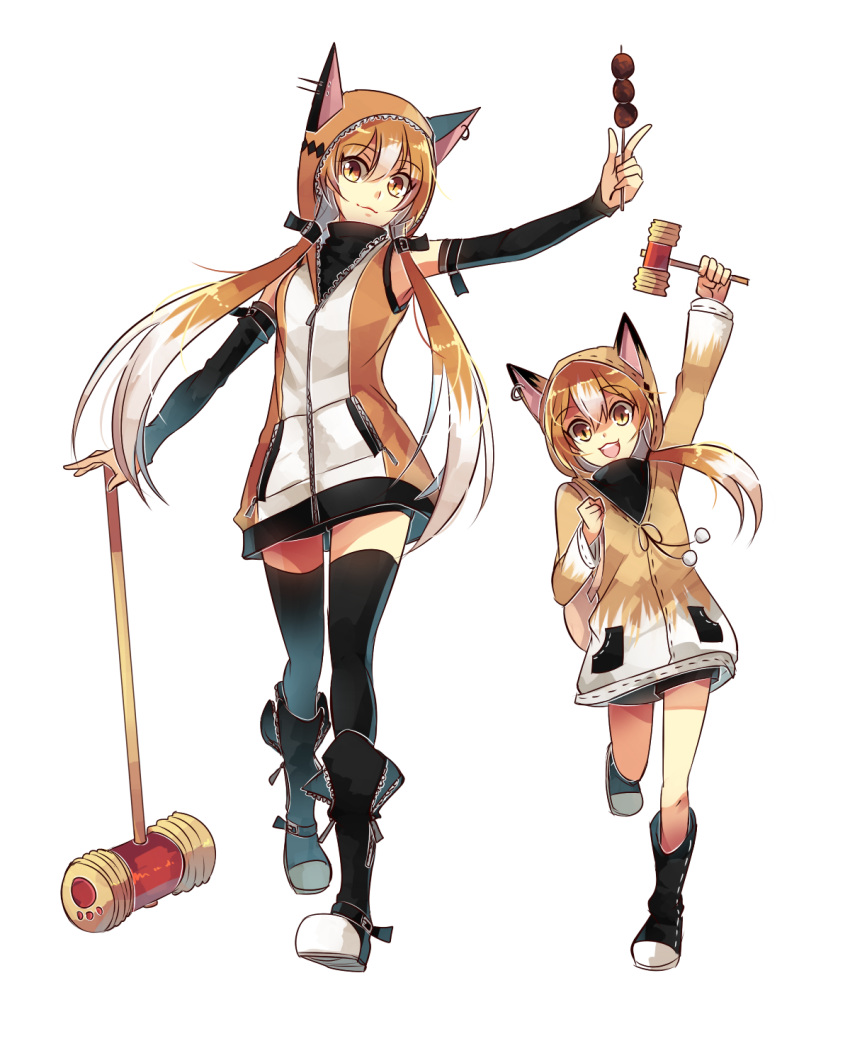 2girls, :d, animal_ears, arm_up, black_footwear, black_legwear, black_shorts, blonde_hair
