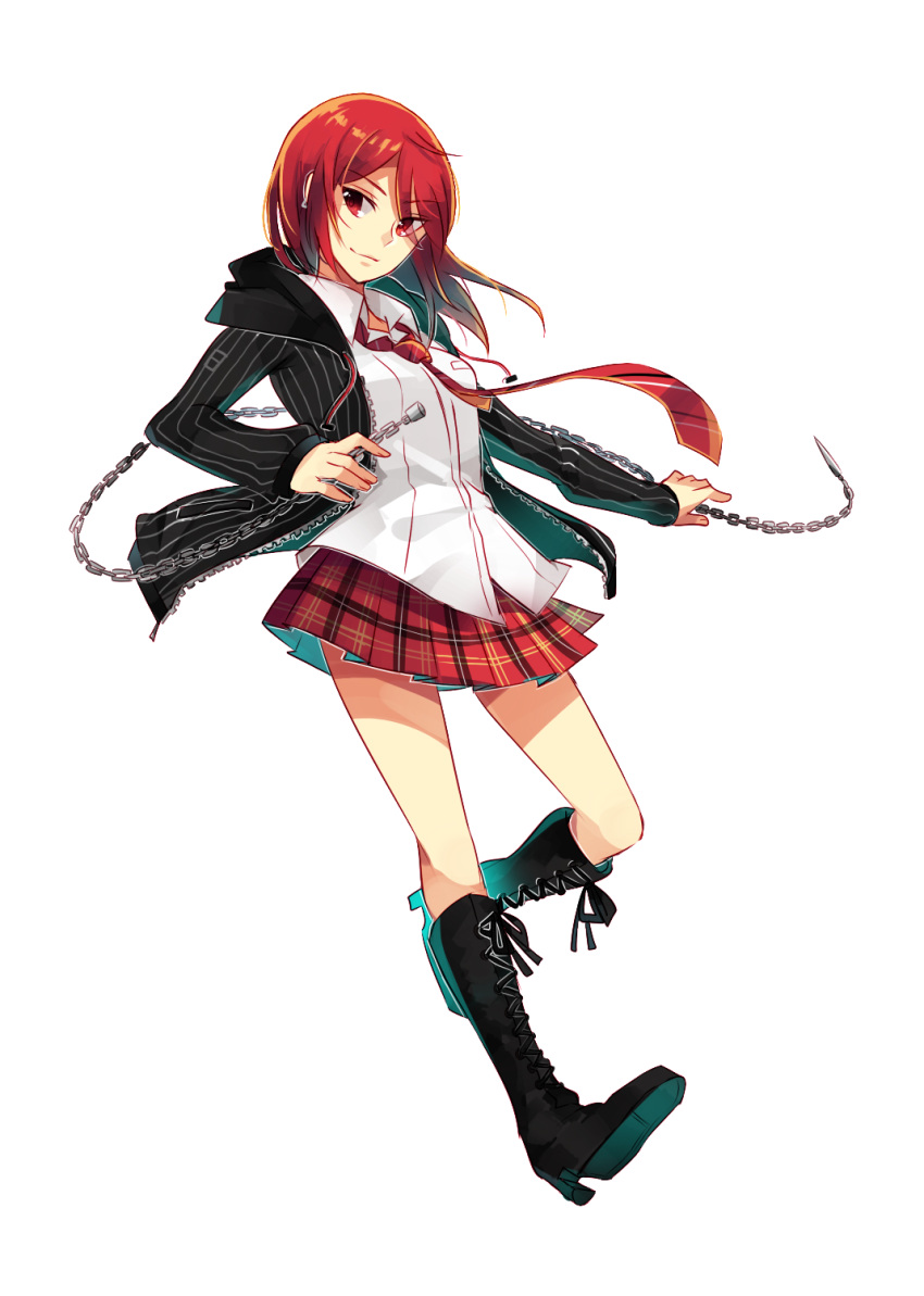 1girl, black_footwear, black_jacket, boots, chains, dress_shirt, eyebrows_visible_through_hair, floating_hair