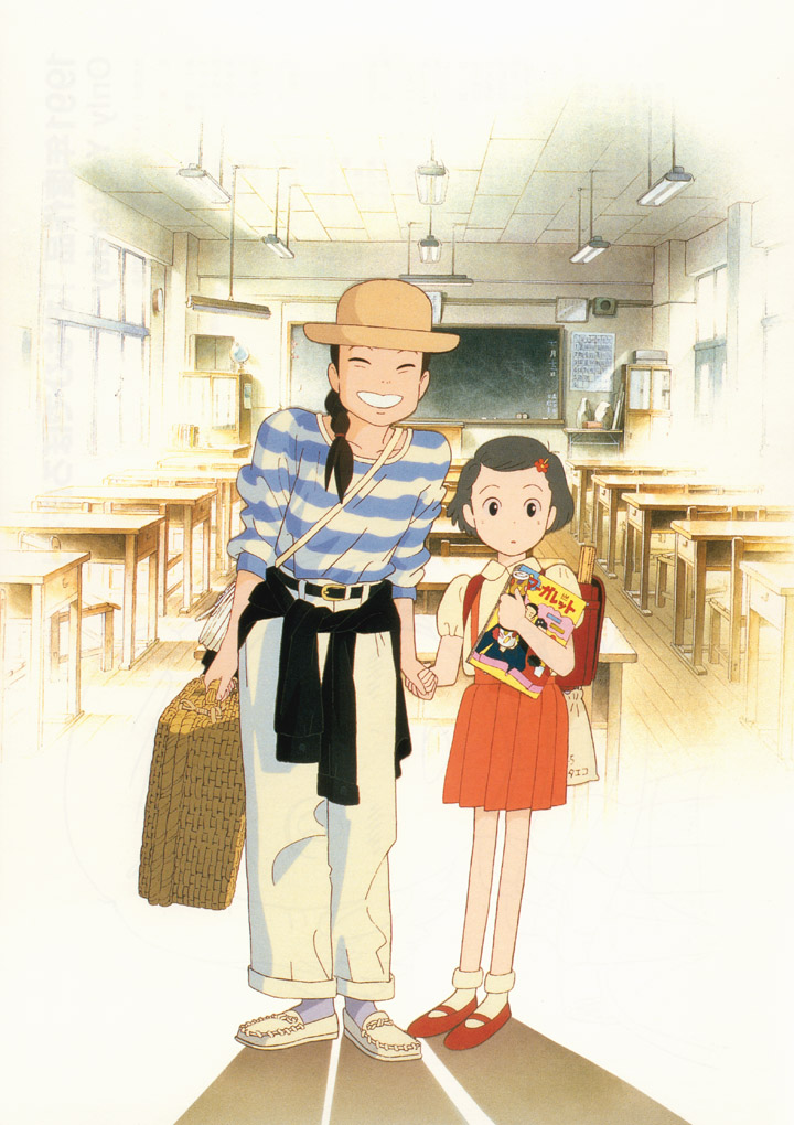 bag, belt, black_eyes, classroom, desk, ghibli, hat, okajima_taeko, omohide_poro_poro, randoseru, school_uniform, studio_ghibli, time_paradox