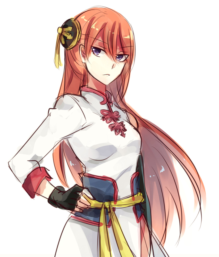 brown_hair, dress, eyebrows_visible_through_hair, floating_hair, gintama, grey_dress, hair_between_eyes, hair_bun