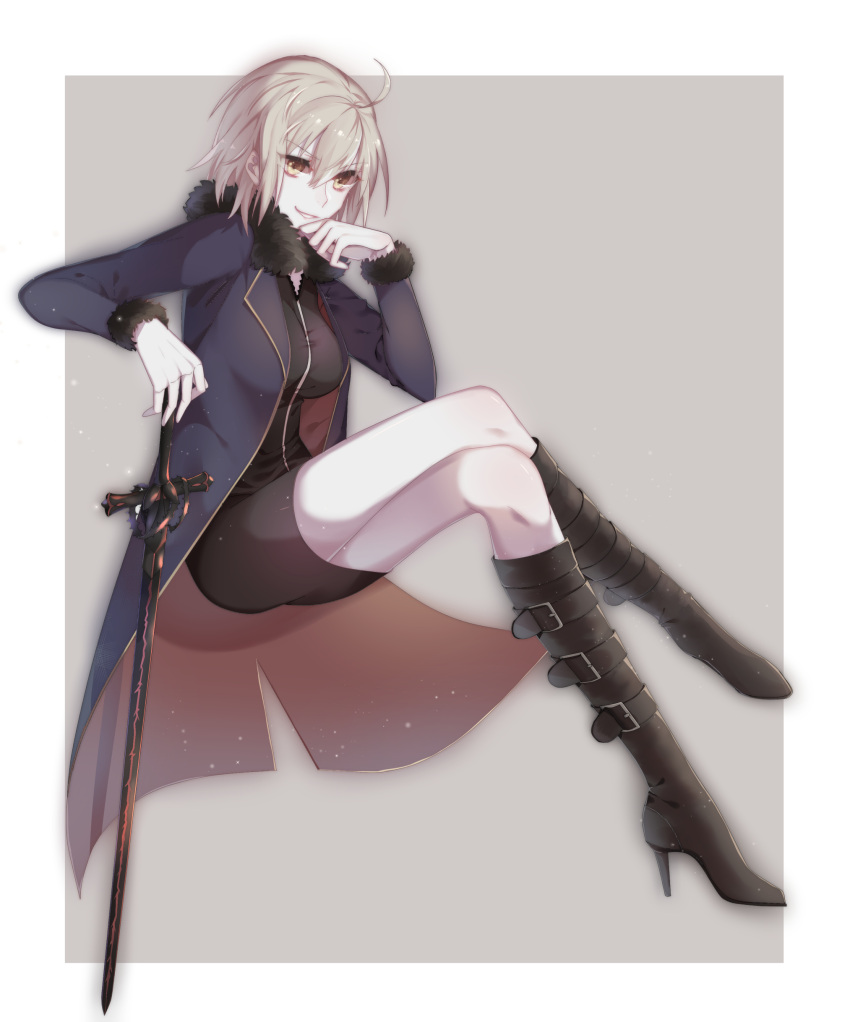 1girl, absurdres, ahoge, black_dress, black_footwear, boots, breasts, dress, eyebrows_visible_through_hair, fate/grand_order, fate_(series), full_body, grey_background, hair_between_eyes, hands_on_hilt, high_heel_boots, high_heels, highres, idass_(1155101099), invisible_chair, jeanne_d'arc_(alter)_(fate), jeanne_d'arc_(fate)_(all), knee_boots, large_breasts, legs_crossed, parted_lips, short_dress, short_hair, silver_hair, sitting, smile, solo, sword, weapon, yellow_eyes