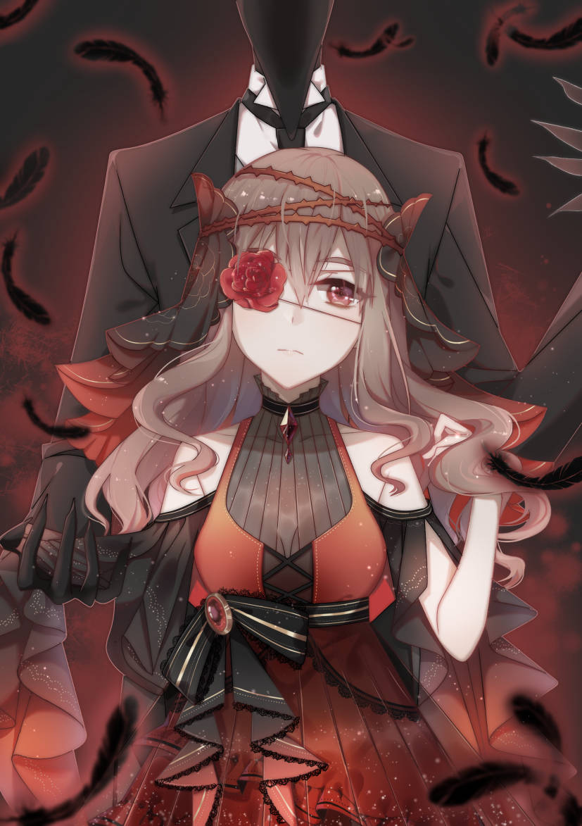 1boy, 1girl, black_feathers, black_gloves, black_jacket, black_neckwear, brown_hair, character_request