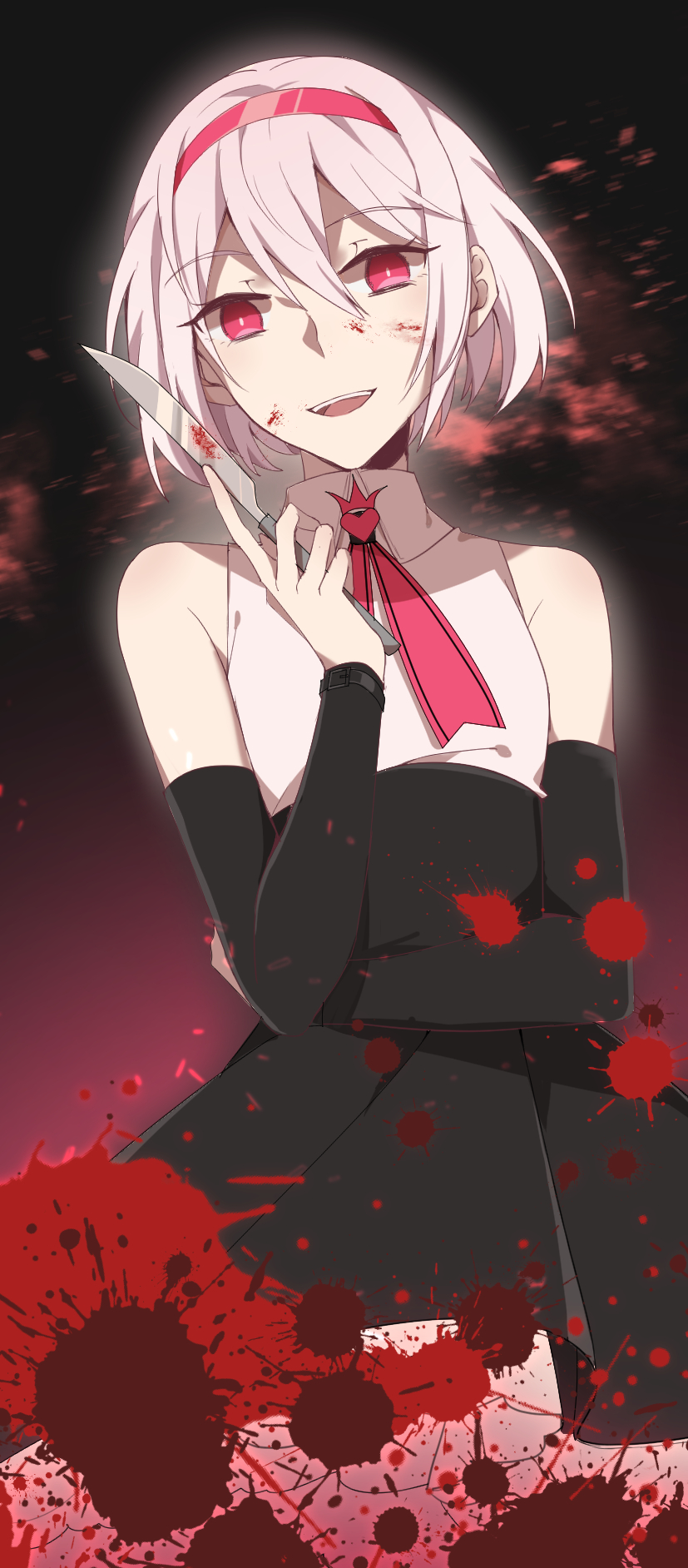 1girl, :d, black_skirt, blood, blood_on_face, blood_splatter, bloody_weapon, detached_sleeves