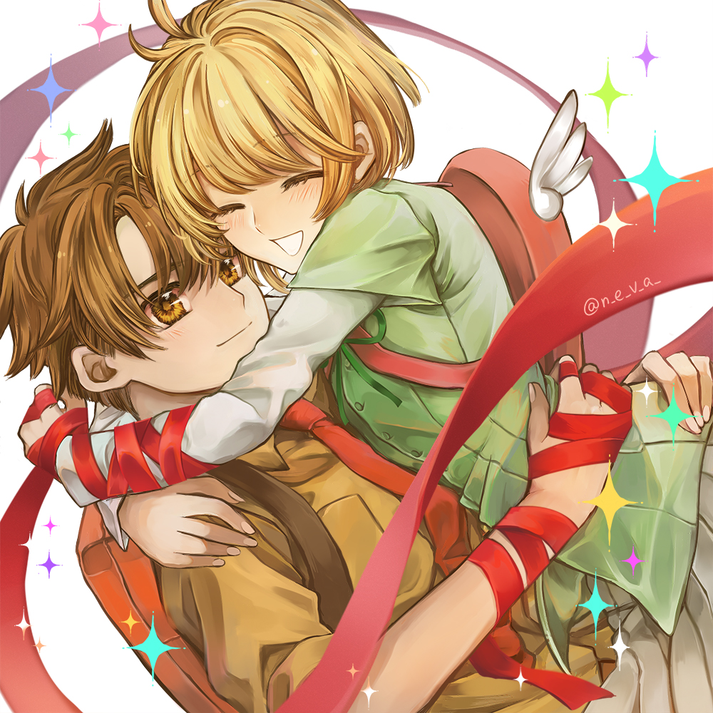 1boy, 1girl, bangs, blonde_hair, brown_eyes, brown_hair, brown_shirt, card_captor_sakura