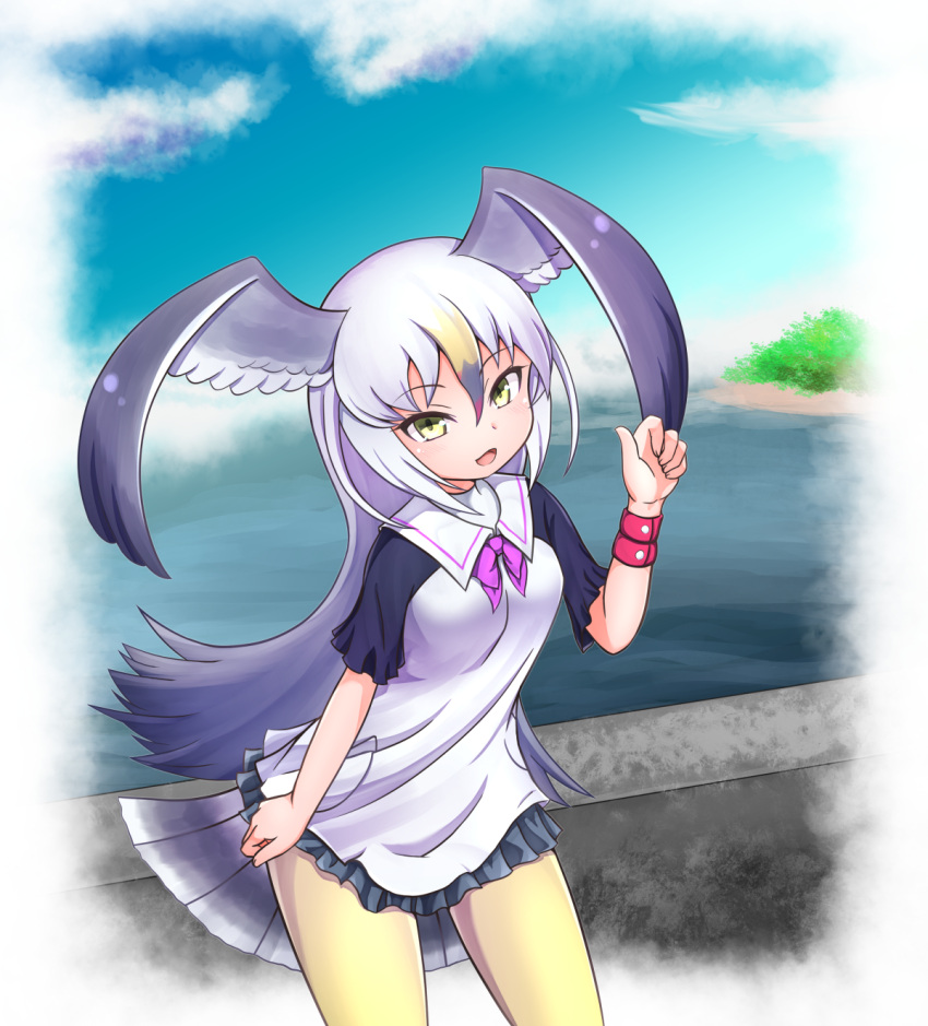 1girl, :d, bird_tail, black-tailed_gull_(kemono_friends), blue_sky, breasts, clouds, commentary