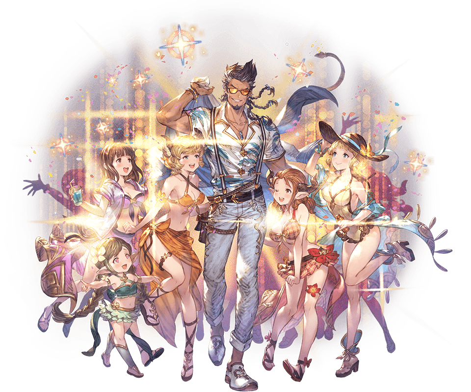 1boy, 5girls, bare_shoulders, belt, bikini, blonde_hair, blue_eyes, boots