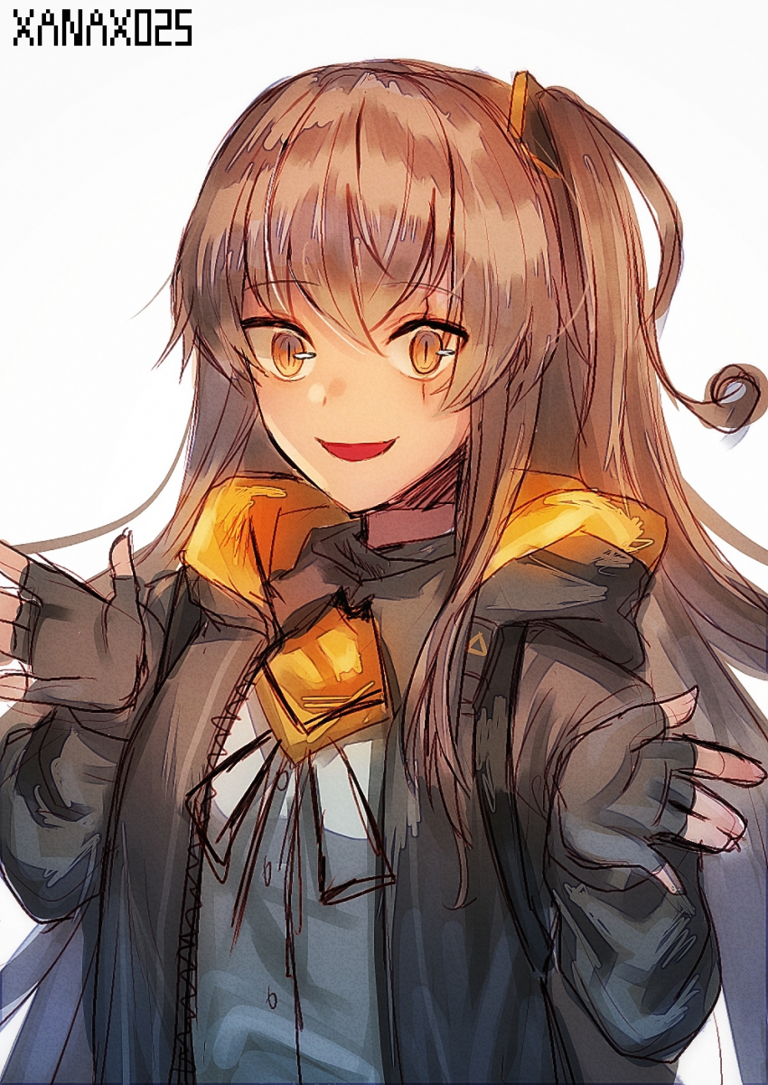 1girl, artist_name, bangs, brown_eyes, brown_hair, buttons, eyebrows_visible_through_hair, fingerless_gloves