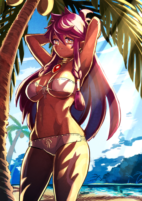 1girl, armpits, arms_behind_head, bikini, commentary_request, cowboy_shot, dark_skin, day, gem, hair_tubes, jewelry, long_hair, looking_at_viewer, navel, necklace, ocean, orange_eyes, original, outdoors, palm_tree, purple_hair, rao_(live-w), shadow, solo, swimsuit, tree, white_bikini