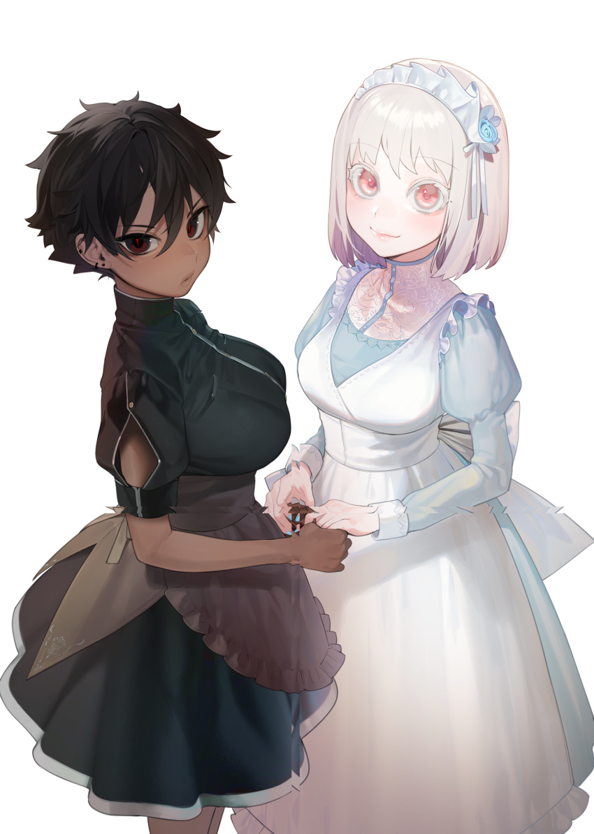 2girls, absurdres, albino, apron, bangs, black_dress, black_hair, blue_nails