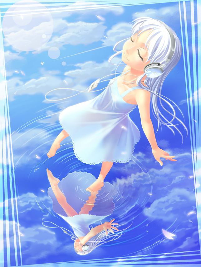 closed_eyes, cloud, condensation_trail, dress, headphones, long_hair, man_(trance), original