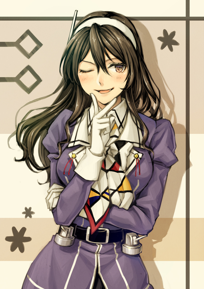 1girl, ;d, ashigara_(kantai_collection), belt, black_skirt, brown_eyes, brown_hair, fang