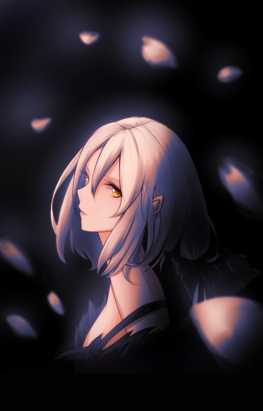 1girl, asil, bangs, black_background, black_dress, blurry, blurry_background, breasts