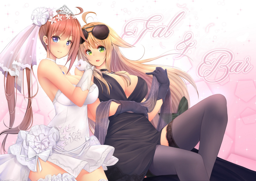 2girls, ahoge, alternate_costume, anakin_sky_(utcc), bangs, bare_shoulders, black_dress, black_legwear