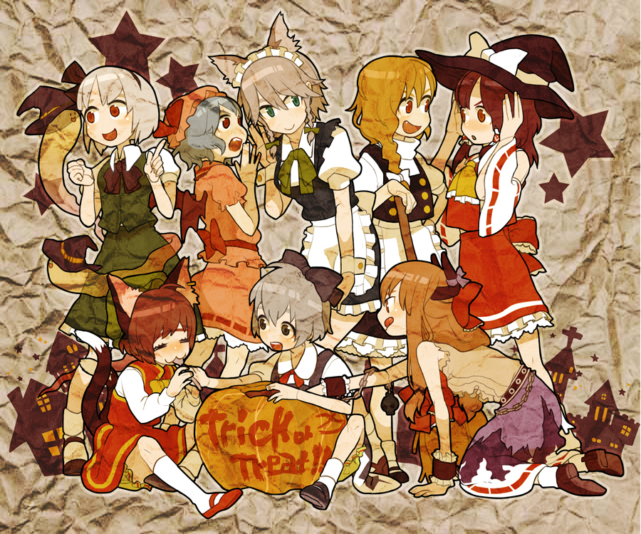 animal_ears, bad_id, blue_hair, broom, brown_hair, cat_ears, cat_tail, chen