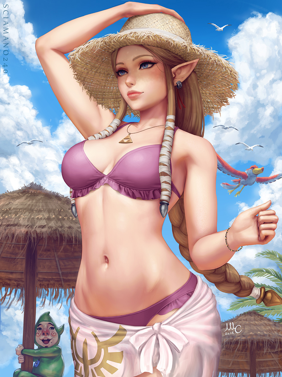 1boy, 1girl, 2018, :d, arm_up, artist_name, bare_arms, bare_shoulders
