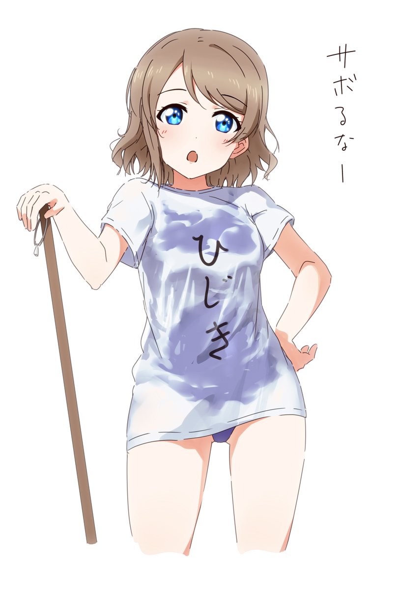 1girl, :o, blue_eyes, clothes_writing, commentary_request, eyebrows_visible_through_hair, grey_hair, hand_on_hip