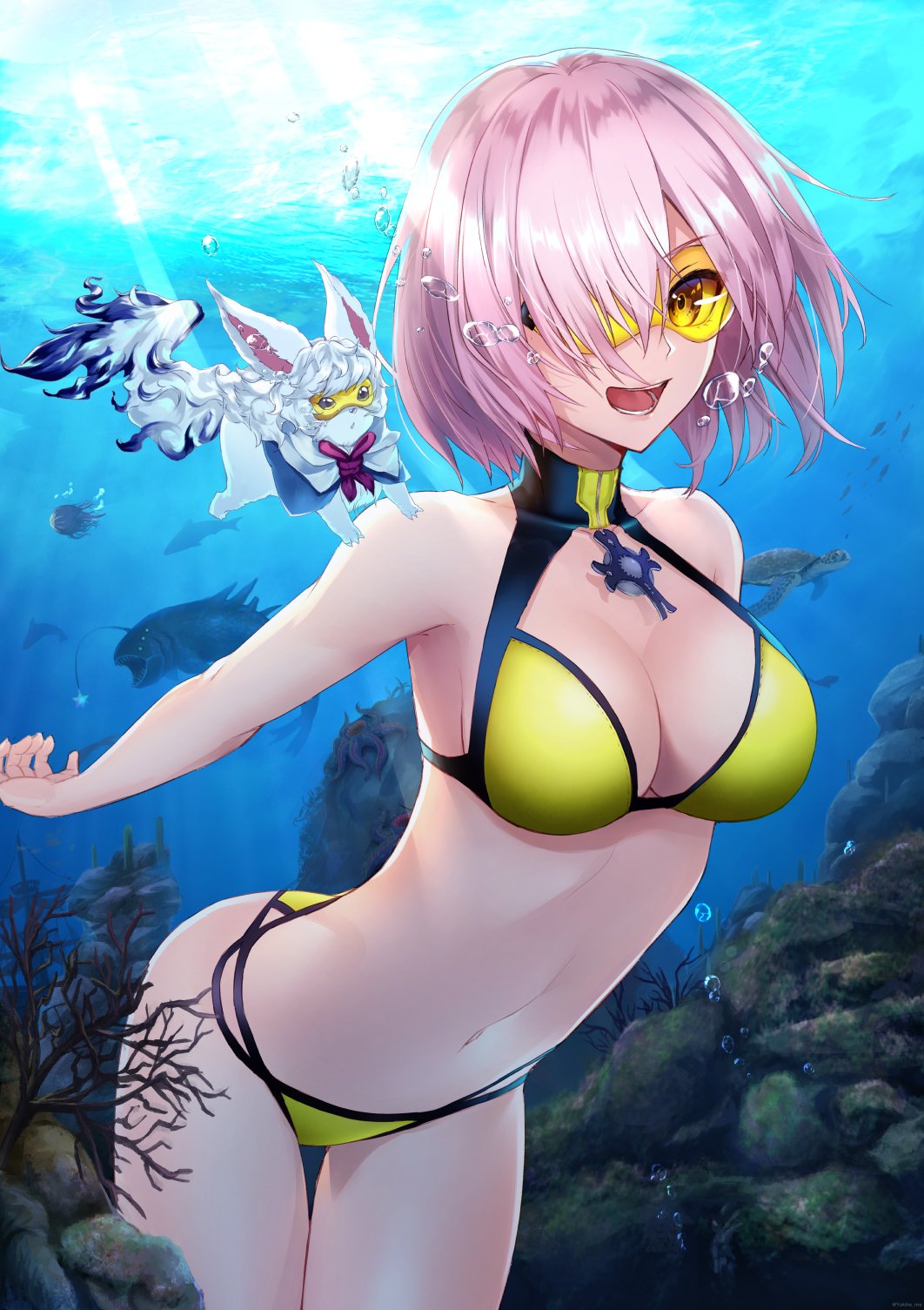 1girl, 1other, armpits, bangs, bikini, blue_capelet, breasts, bubble, capelet, cleavage, collarbone, cowboy_shot, craft_essence, creature, cross, cross_necklace, day, dive_to_blue, diving, fate/grand_order, fate_(series), fish, fou_(fate/grand_order), hair_over_one_eye, halter_top, halterneck, highres, jewelry, lavender_hair, looking_at_viewer, mash_kyrielight, medium_breasts, navel, necklace, ocean, open_mouth, red_neckwear, short_hair, smile, swimming, swimsuit, underwater, water, yellow-tinted_glasses, yellow_bikini, yukihama
