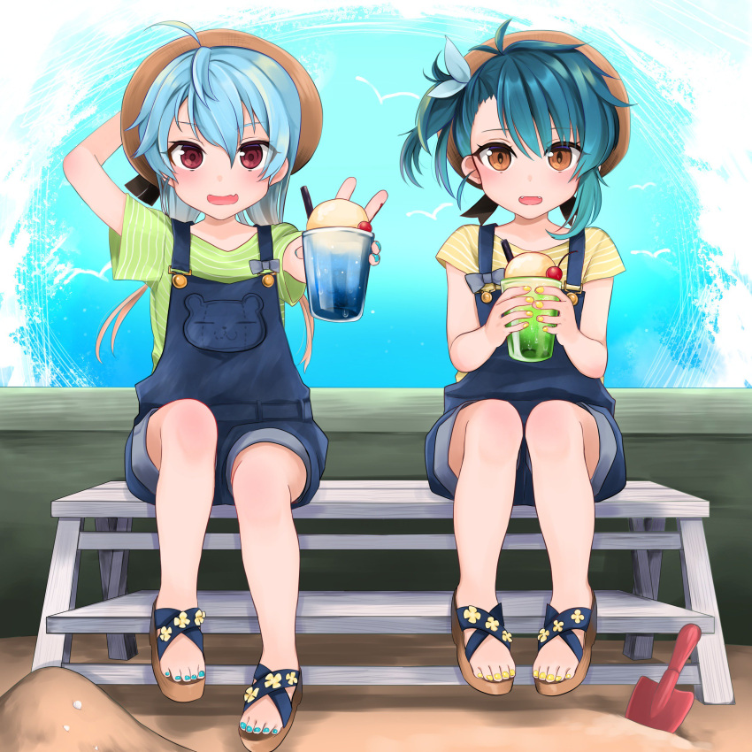 2girls, absurdres, ahoge, alternate_costume, bear, bench, blonde_hair, blue_hair