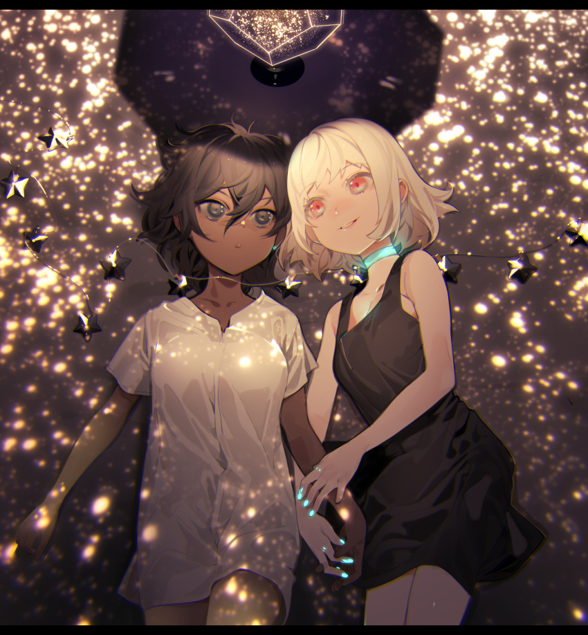 2girls, absurdres, albino, arm_hug, bangs, bare_arms, bare_shoulders, black_dress