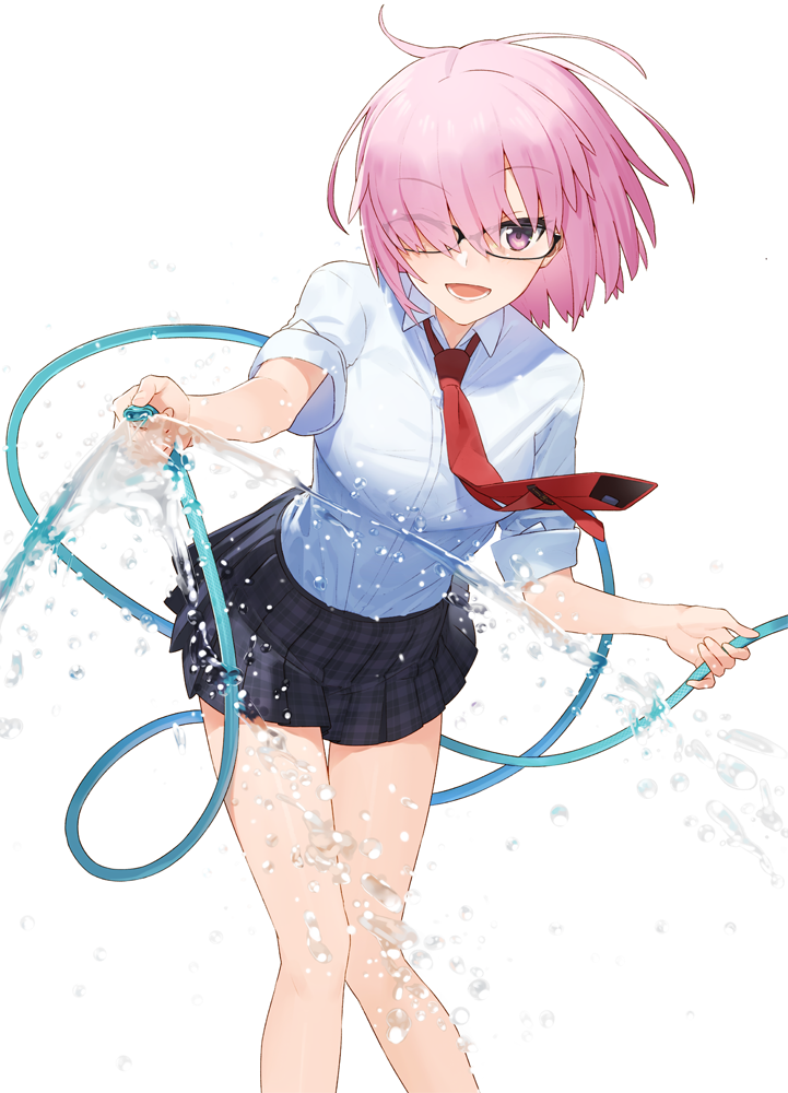 1girl, ;d, alternate_costume, bangs, black-framed_eyewear, black_skirt, blush, bra_through_clothes