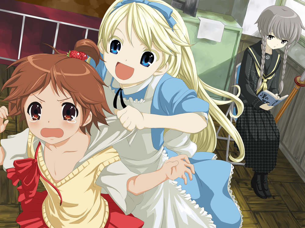 3girls, alice, alice_(wonderland), alice_(wonderland)_(cosplay), blonde_hair, blue_eyes, braid, brown_eyes
