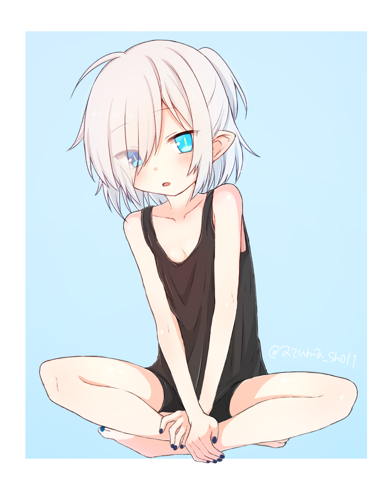 1girl, bike_shorts, black_tank_top, blue_background, blue_eyes, blue_nails, collarbone, eyes_visible_through_hair