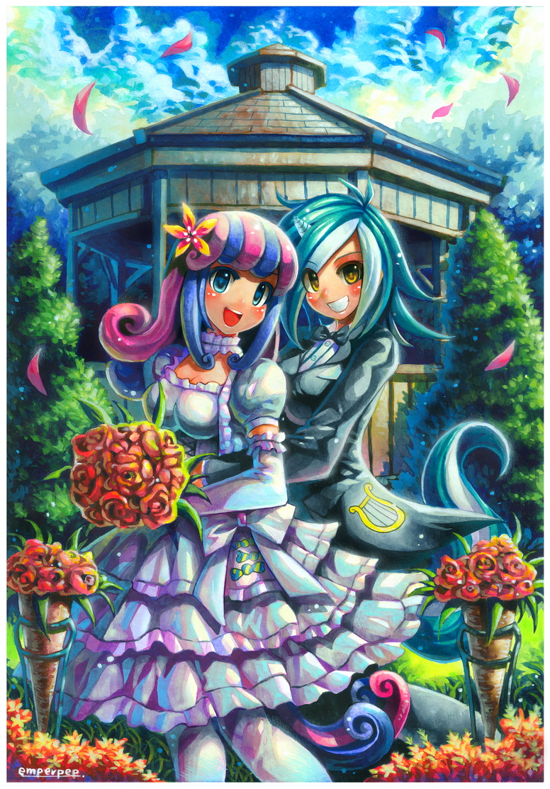 2girls, artist_name, blue_eyes, blue_hair, blush, bonbon_(my_little_pony), bouquet, breasts