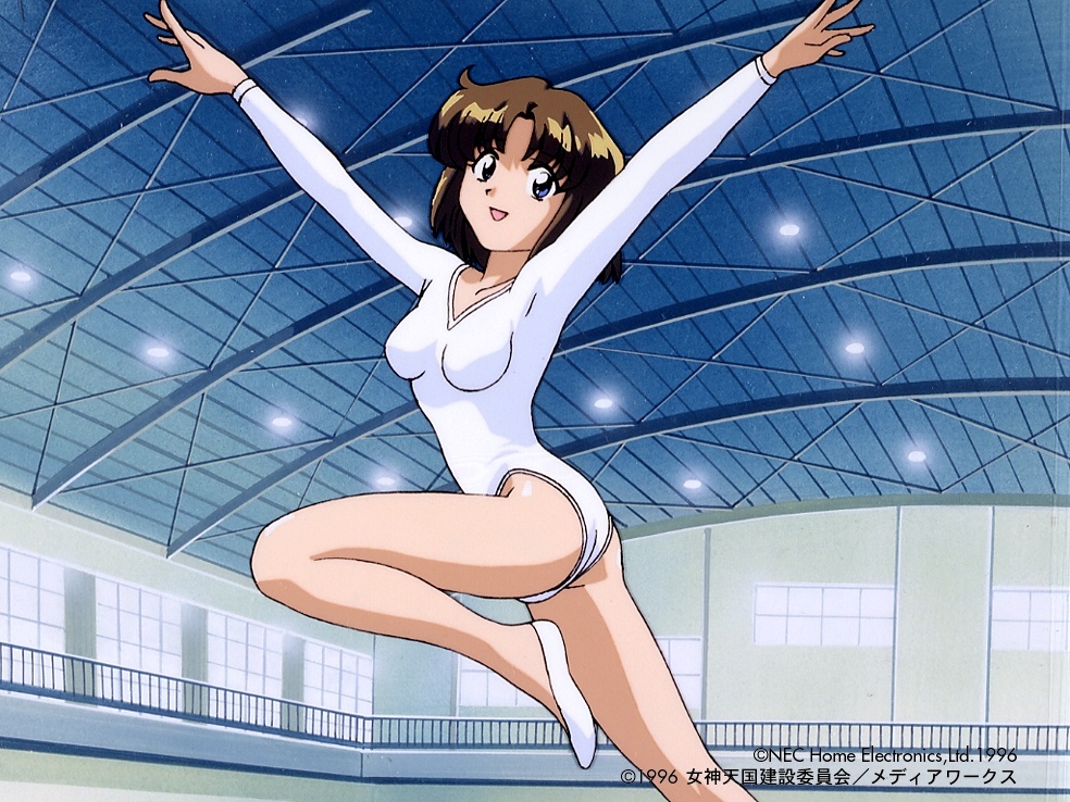 1996, 1girl, 90s, arms_up, blue_eyes, brown_hair, copyright_name, dated