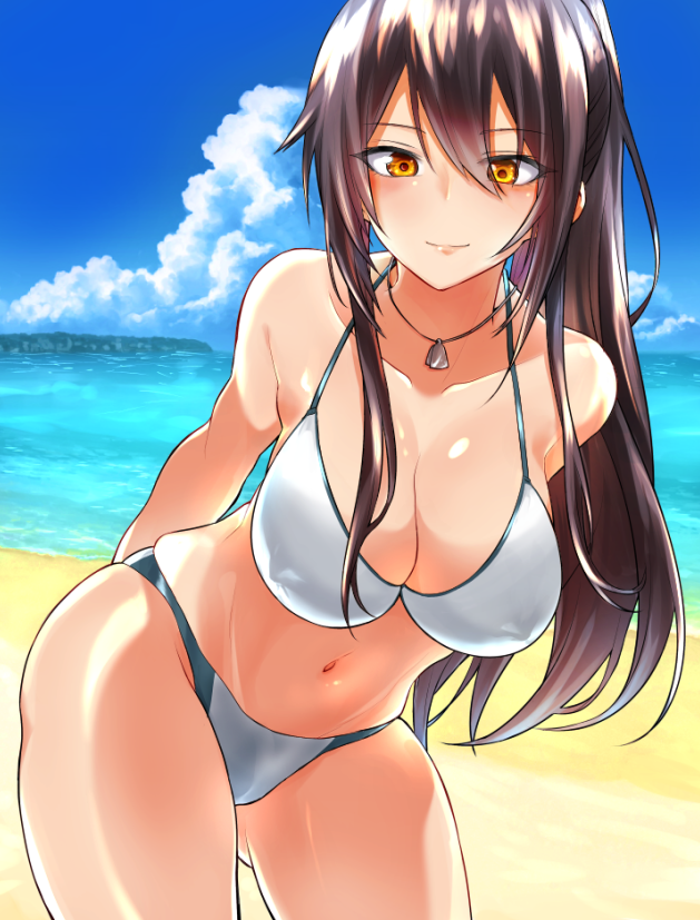 1girl, arms_behind_back, bangs, bare_shoulders, beach, bikini, black_hair, blue_sky