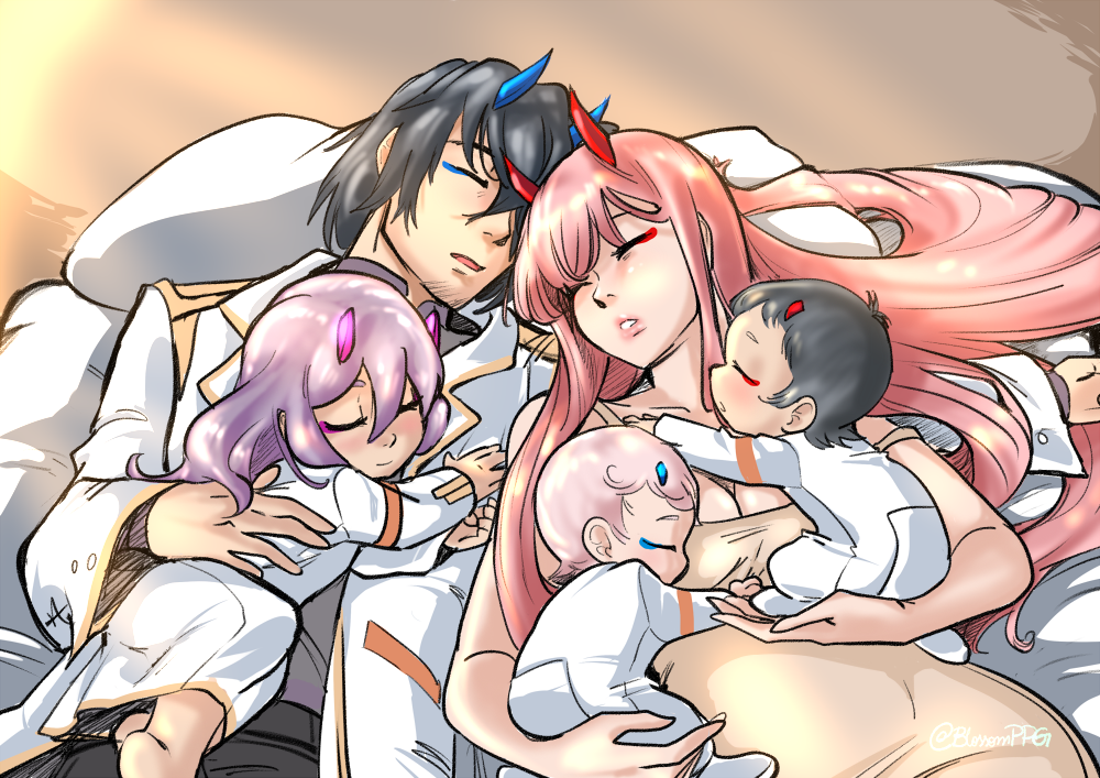 2boys, 3girls, baby, bangs, bare_shoulders, bed_sheet, beige_dress, black_hair, black_pants, blossomppg, blue_horns, breasts, child, cleavage, closed_eyes, coat, collarbone, commentary, couple, darling_in_the_franxx, dress, english_commentary, facial_hair, goatee, grey_shirt, hand_on_another's_back, hetero, hiro_(darling_in_the_franxx), holding, horns, if_they_mated, long_coat, long_hair, long_sleeves, lying, lying_on_person, medium_breasts, military, military_uniform, multiple_boys, multiple_girls, on_back, oni_horns, open_clothes, open_coat, pants, pillow, pink_hair, purple_hair, red_horns, shirt, short_hair, signature, sleeping, sleeping_on_person, sleeveless, sleeveless_dress, uniform, white_coat, white_dress, zero_two_(darling_in_the_franxx)
