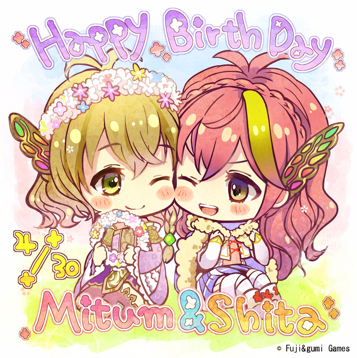 2girls, artist_request, blonde_hair, blush, braid, butterfly_hair_ornament, cheek-to-cheek, chibi, cita_(phantom_of_the_kill), company_name, fur_trim, green_eyes, hair_ornament, happy_birthday, head_wreath, highres, jacket, mitum_(phantom_of_the_kill), multicolored_hair, multiple_girls, official_art, one_eye_closed, open_mouth, phantom_of_the_kill, redhead, skirt, smile, two-tone_hair