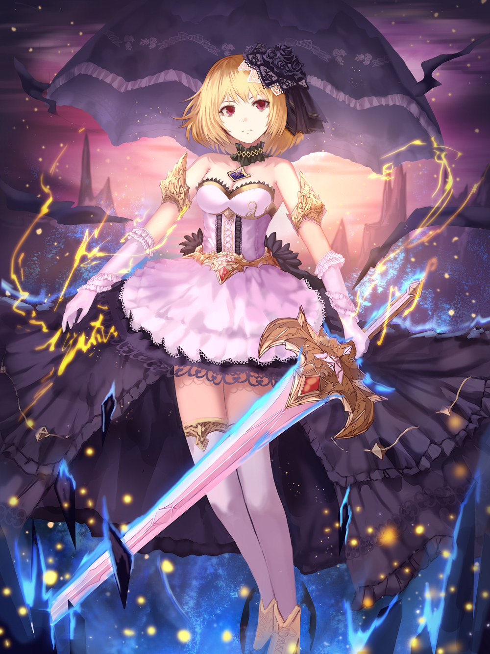 1girl, armlet, bare_shoulders, black_choker, black_skirt, black_umbrella, blonde_hair, breasts