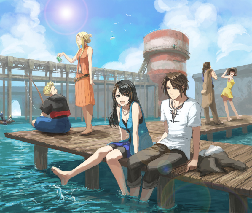 5girls, 6+boys, barefoot, black_hair, blonde_hair, blue_sky, blurry, boat