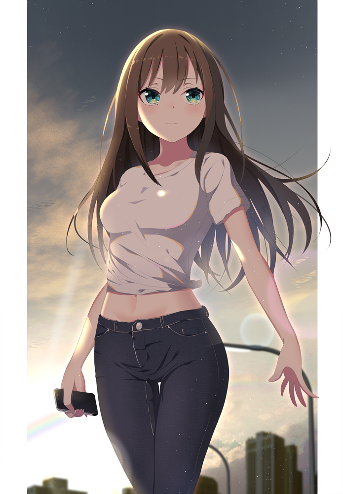 1girl, black_jeans, black_pants, brown_hair, cellphone, city, closed_mouth, eyebrows_visible_through_hair